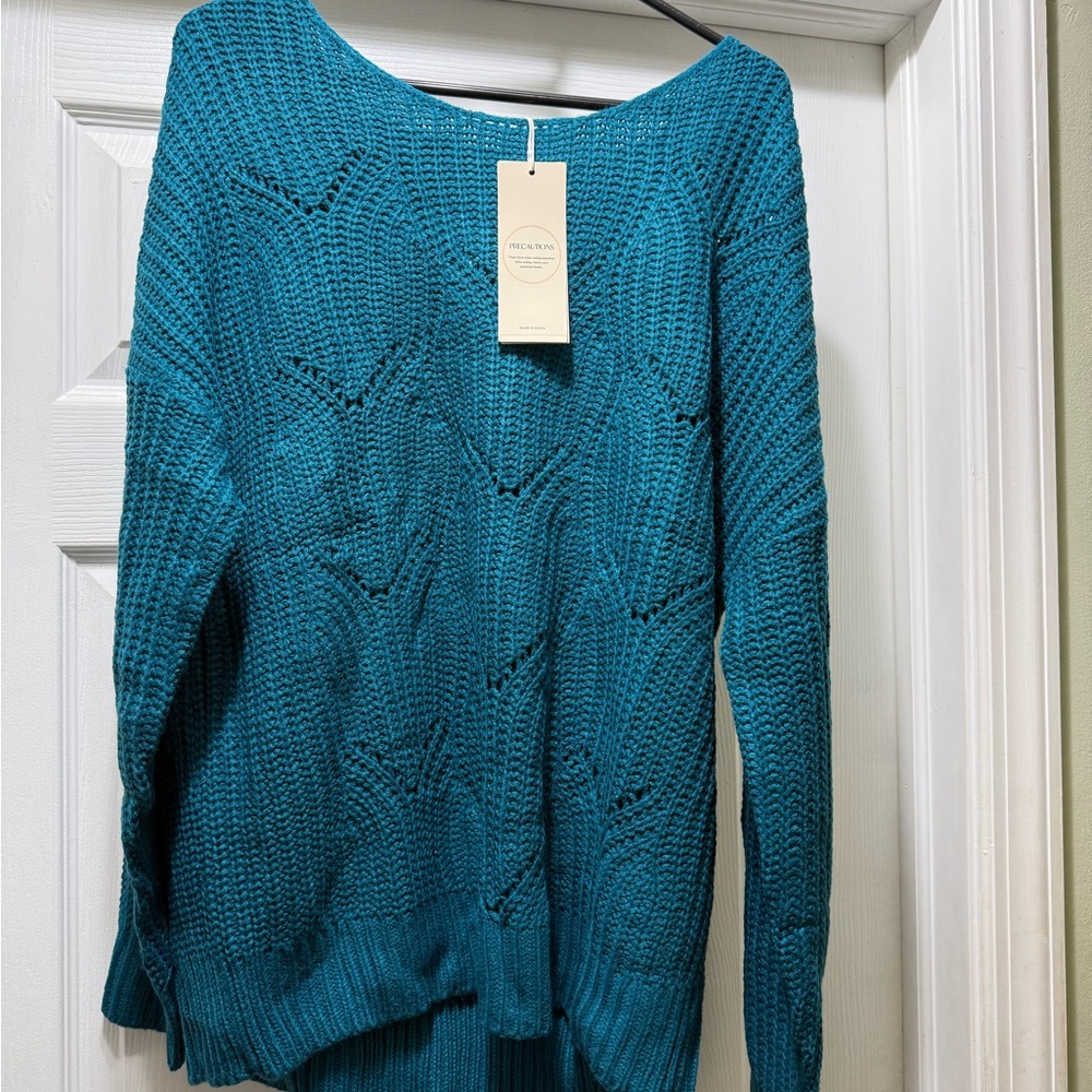 Elegant Teal Knit Crew Neck Sweater